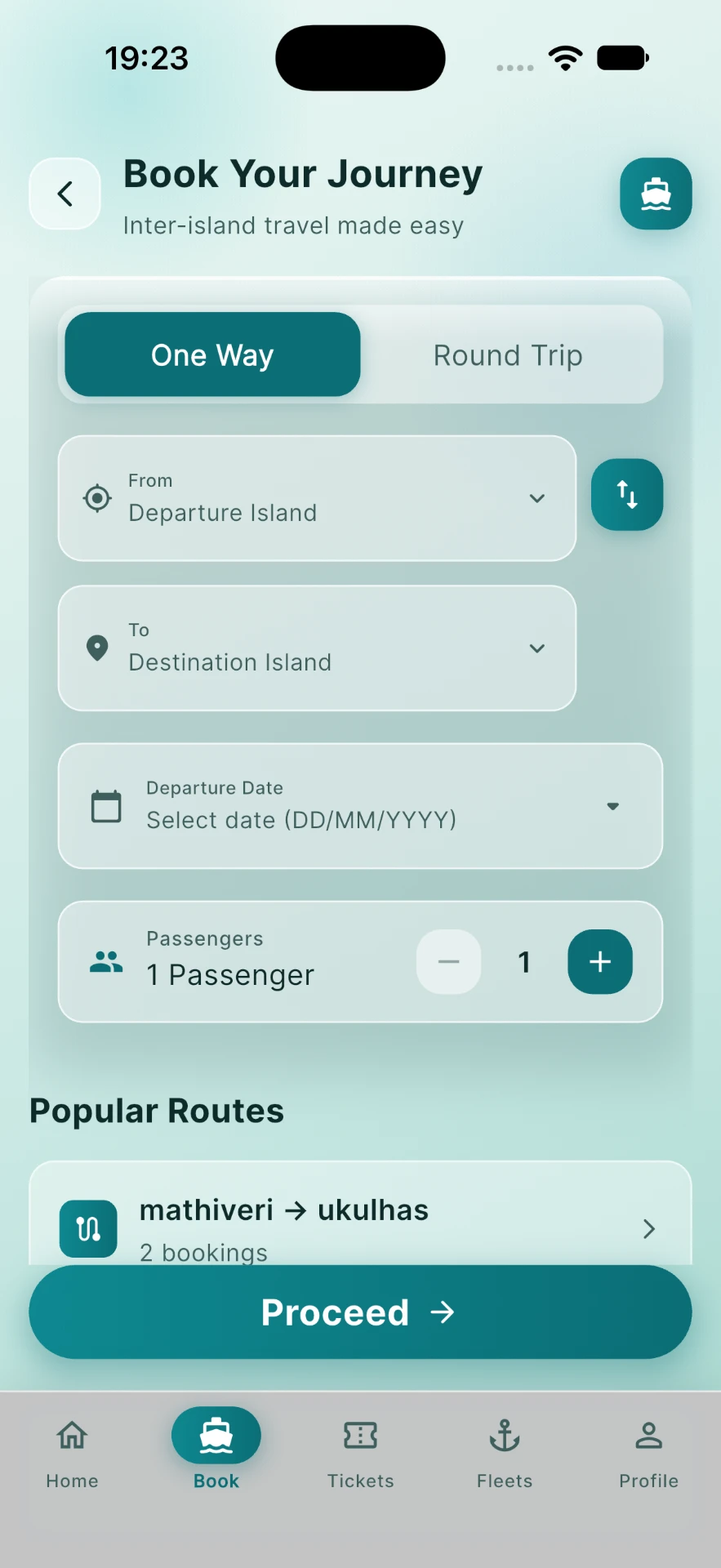 Samuga booking screen for selecting a route, date and passengers