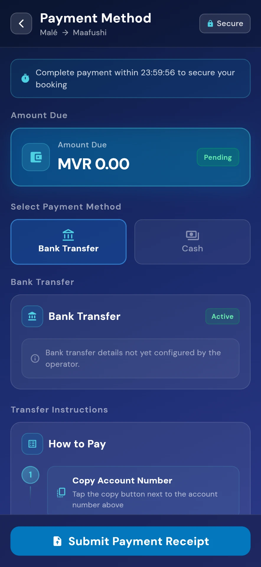 Payment method screen with bank transfer