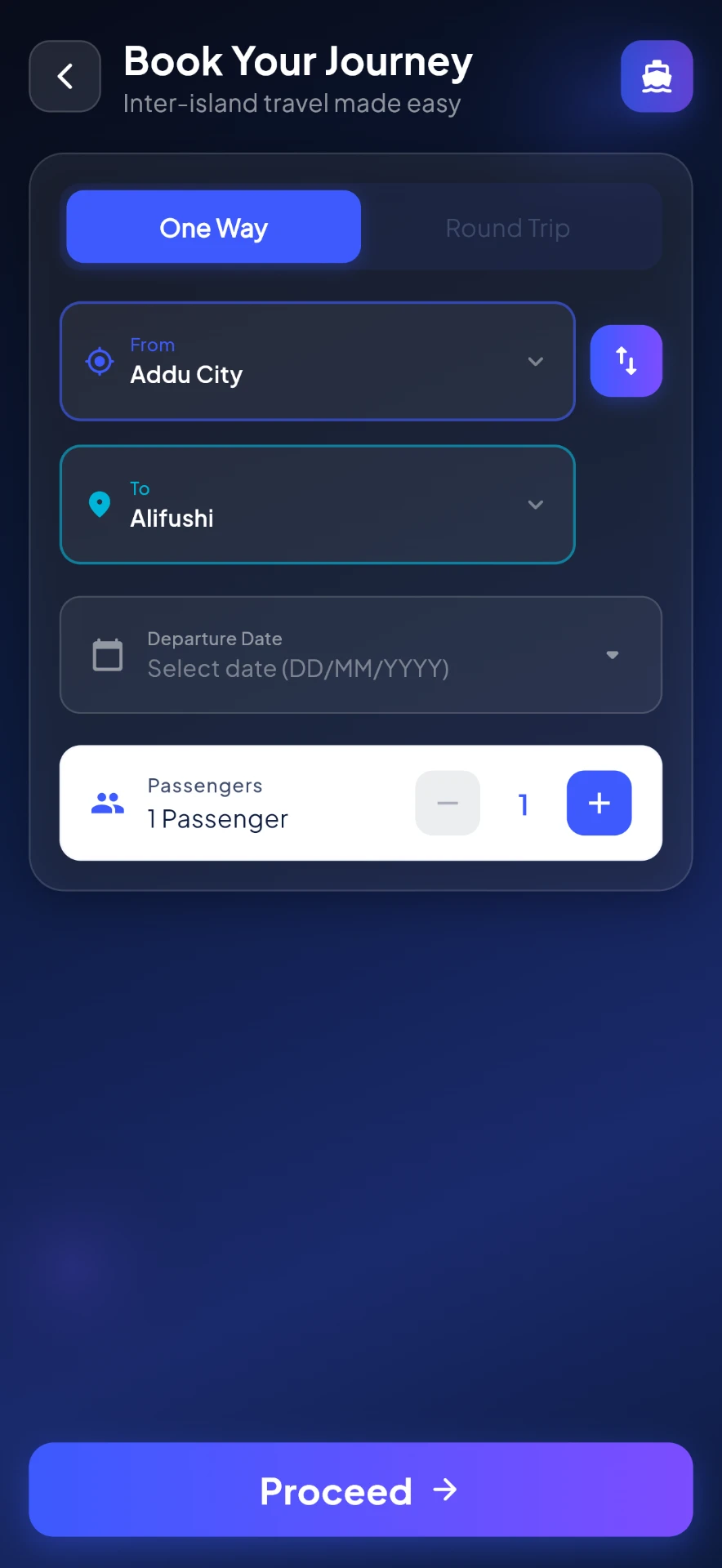Samuga booking screen for selecting a route, date and passengers