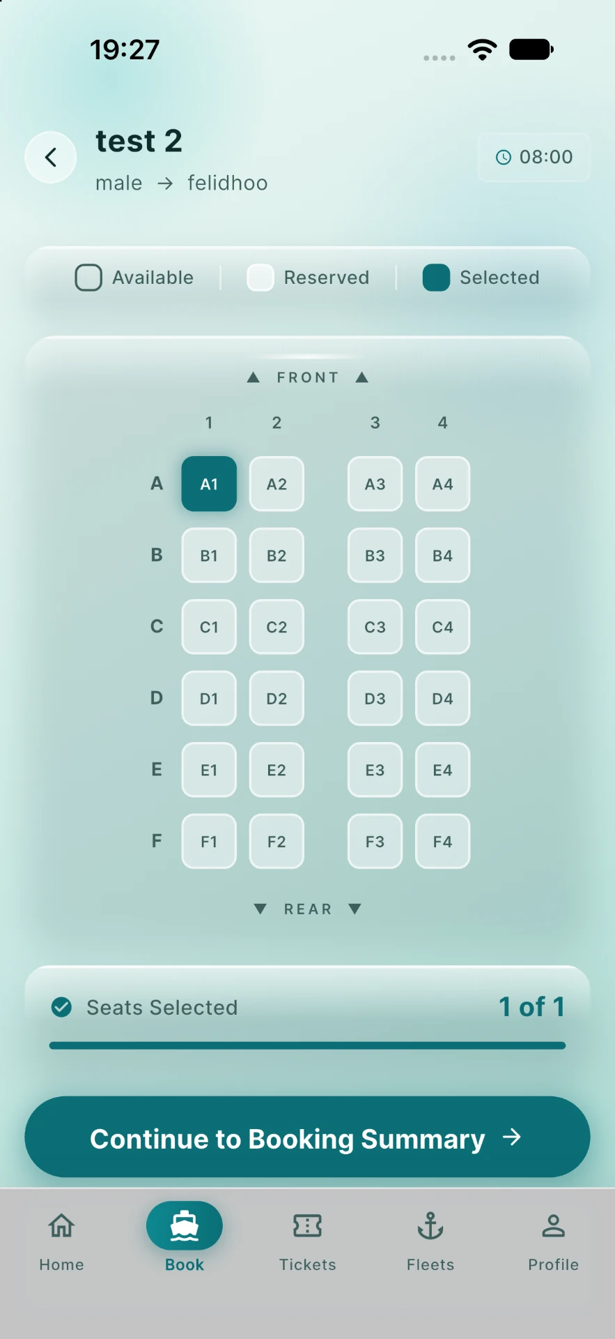 Seat map for picking your seats on a trip